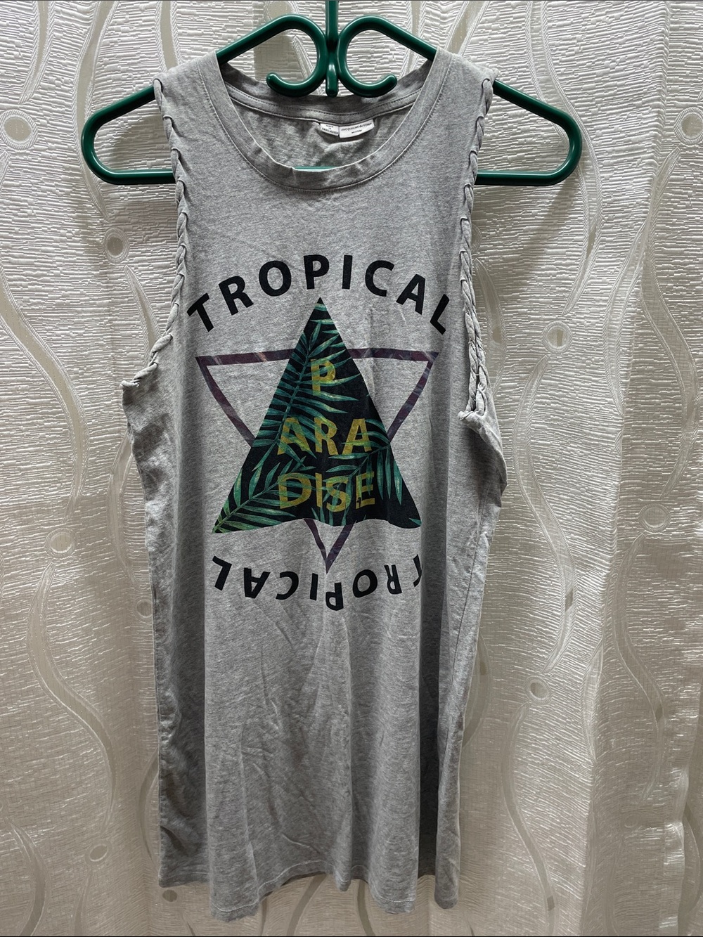 Gray Tropical Graphic Braided-Shoulder Tank Top